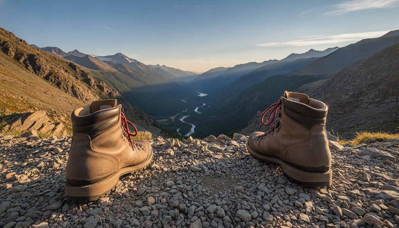 Best Alpine Hiking: Dolomites, Zermatt, Grindelwald Ranked hiking boots on rocky ridge overlooking forested valley and river