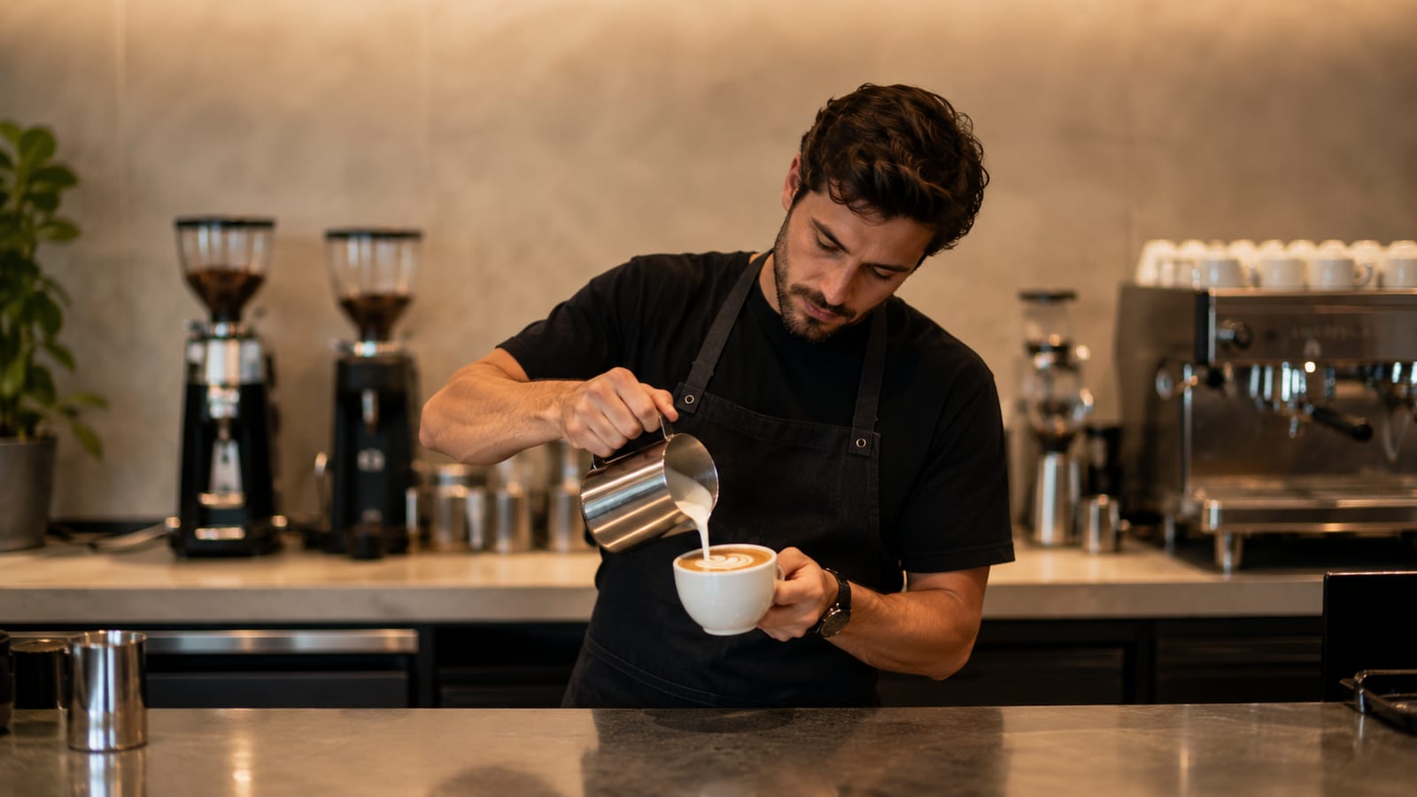 Barista pouring latte art at Best Cafes & Coffee in Belgrade, espresso machine behind counter