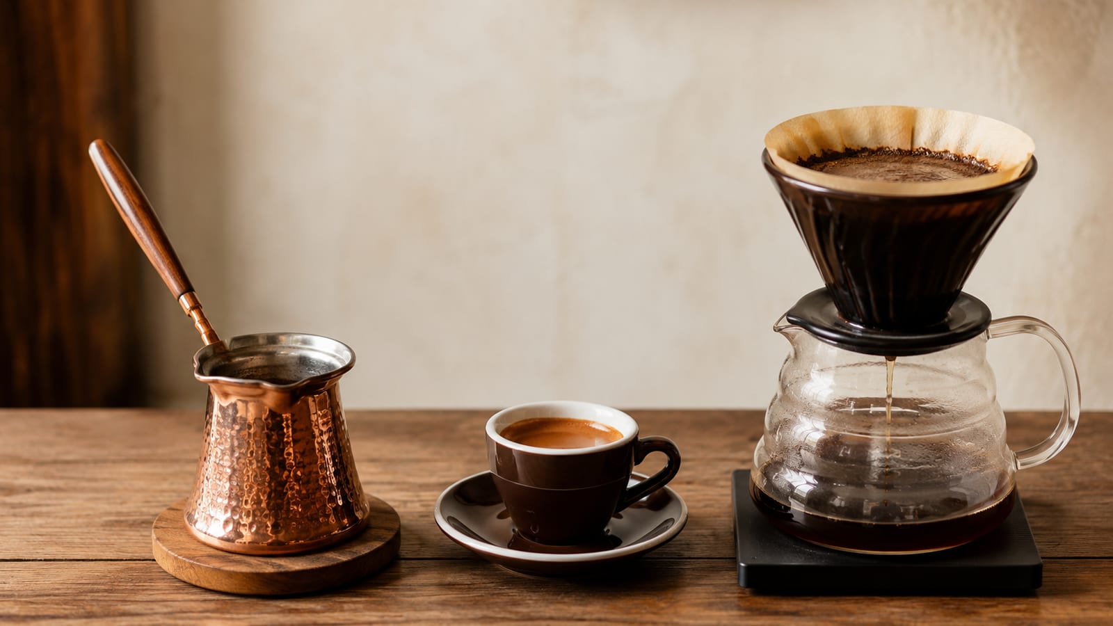 Best Cafes & Coffee in Belgrade with copper cezve, espresso cup, and pour-over dripper on wood table