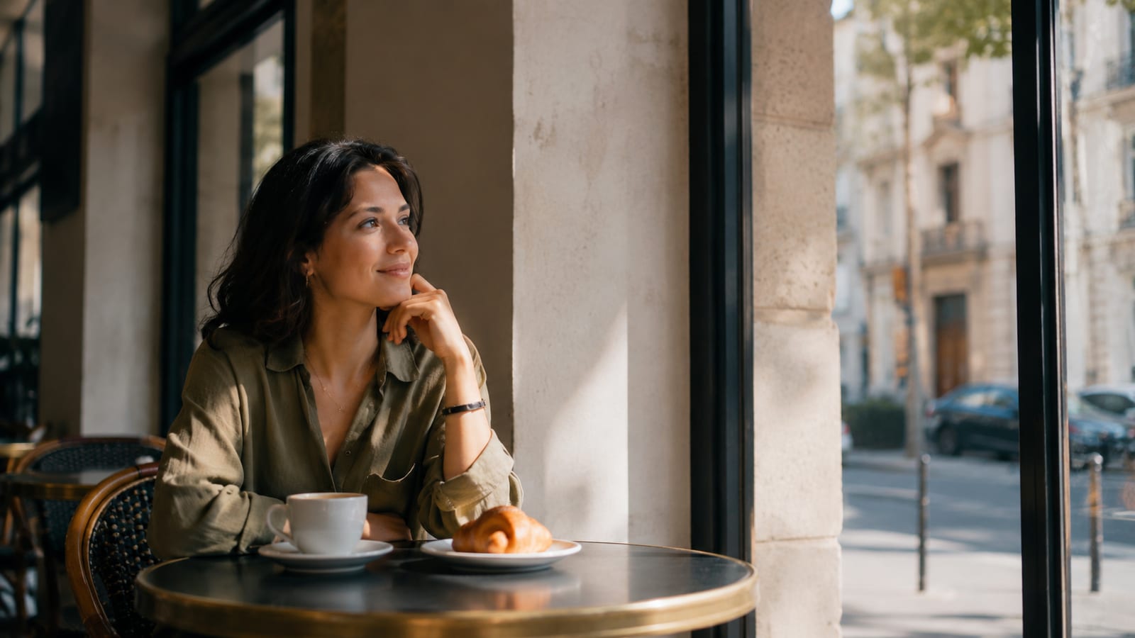 Best Cafes & Coffee in Belgrade woman smiling by window with coffee and croissant