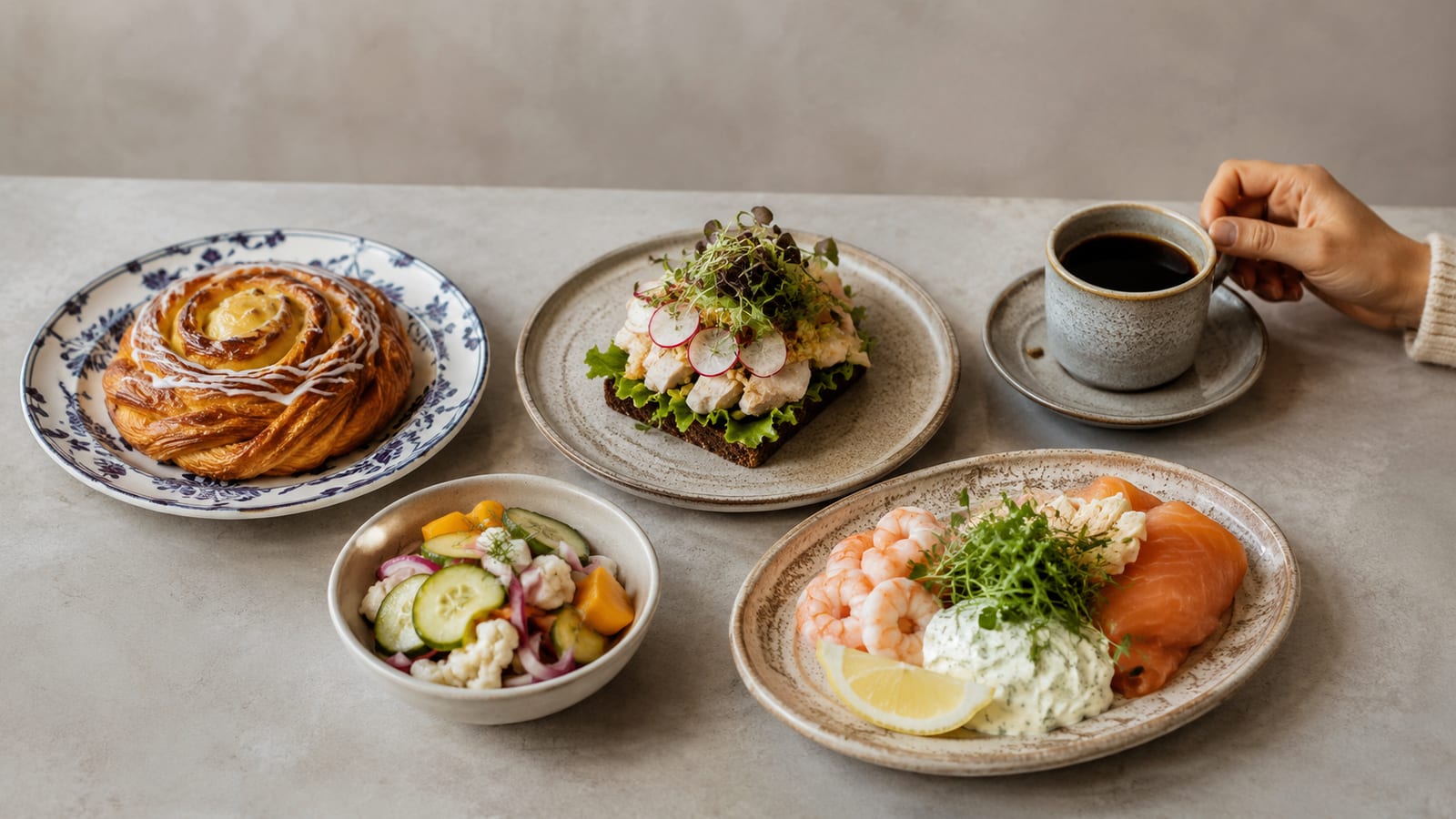 Danish pastries, open-faced sandwiches, and coffee arranged on a Copenhagen-style café table
