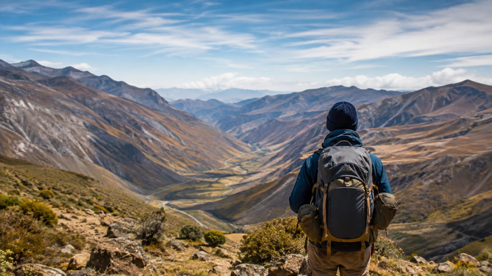 Solo backpacker with a layered pack overlooking a vast generic Andean mountain valley