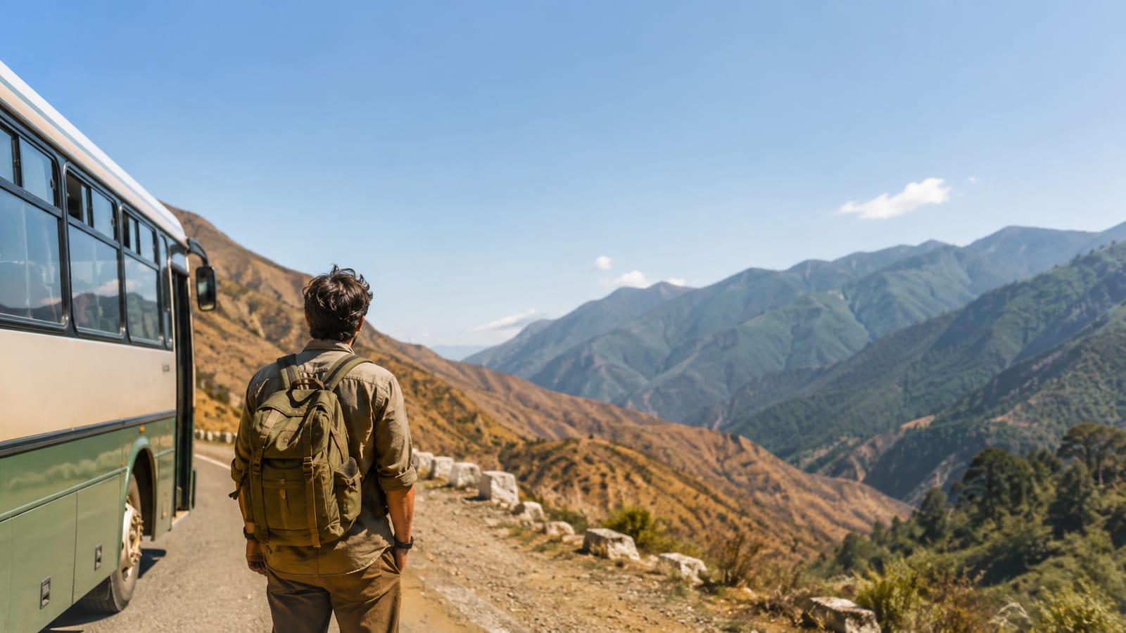 Backpacker beside a plain intercity bus on a rugged mountain road between diverse landscapes