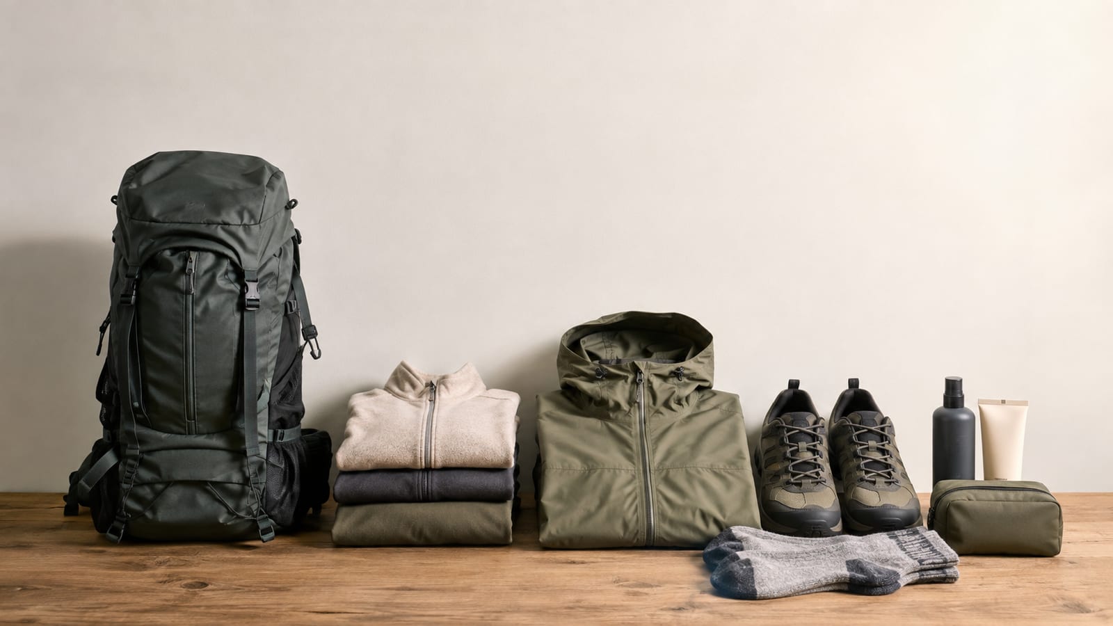 Layered travel clothing, sturdy shoes, and compact backpack arranged for South America