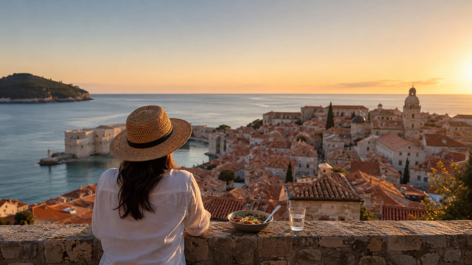 Solo traveler overlooking a generic Adriatic waterfront and historic stone rooftops at golden hour