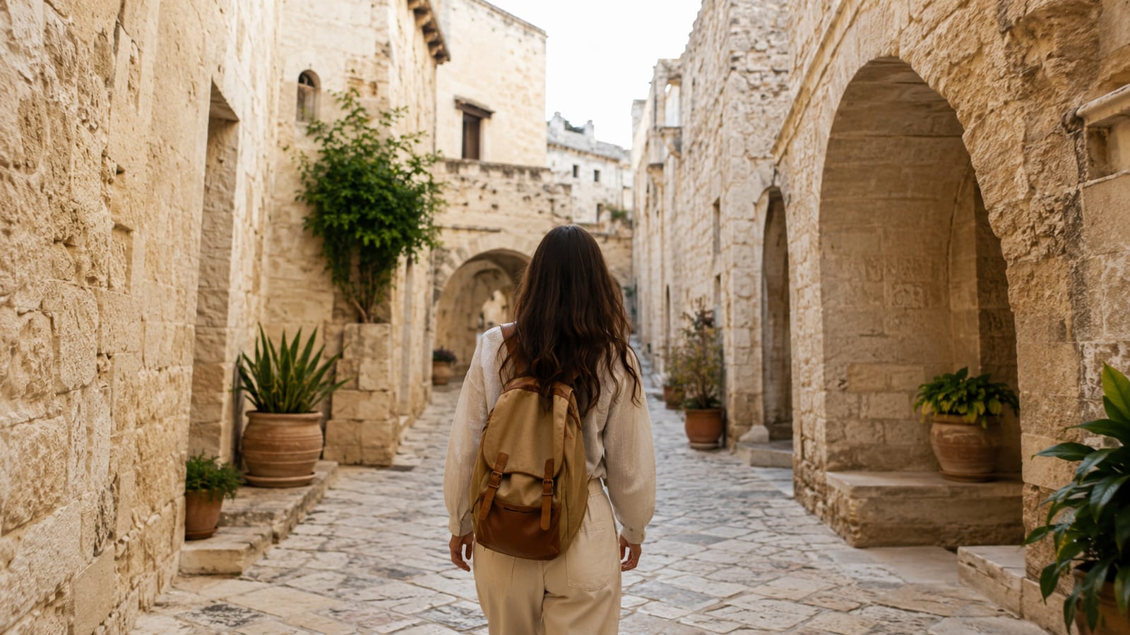 Traveler walking through a generic historic Mediterranean alley with worn stone walls and archways