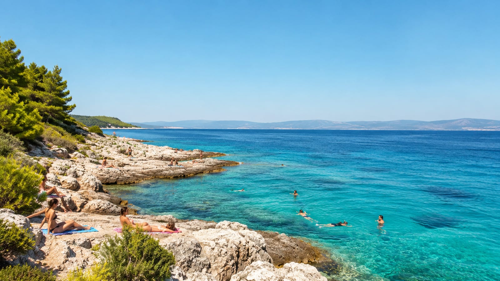 Rocky Adriatic swimming cove with sunbathers, clear water, and Mediterranean vegetation nearby