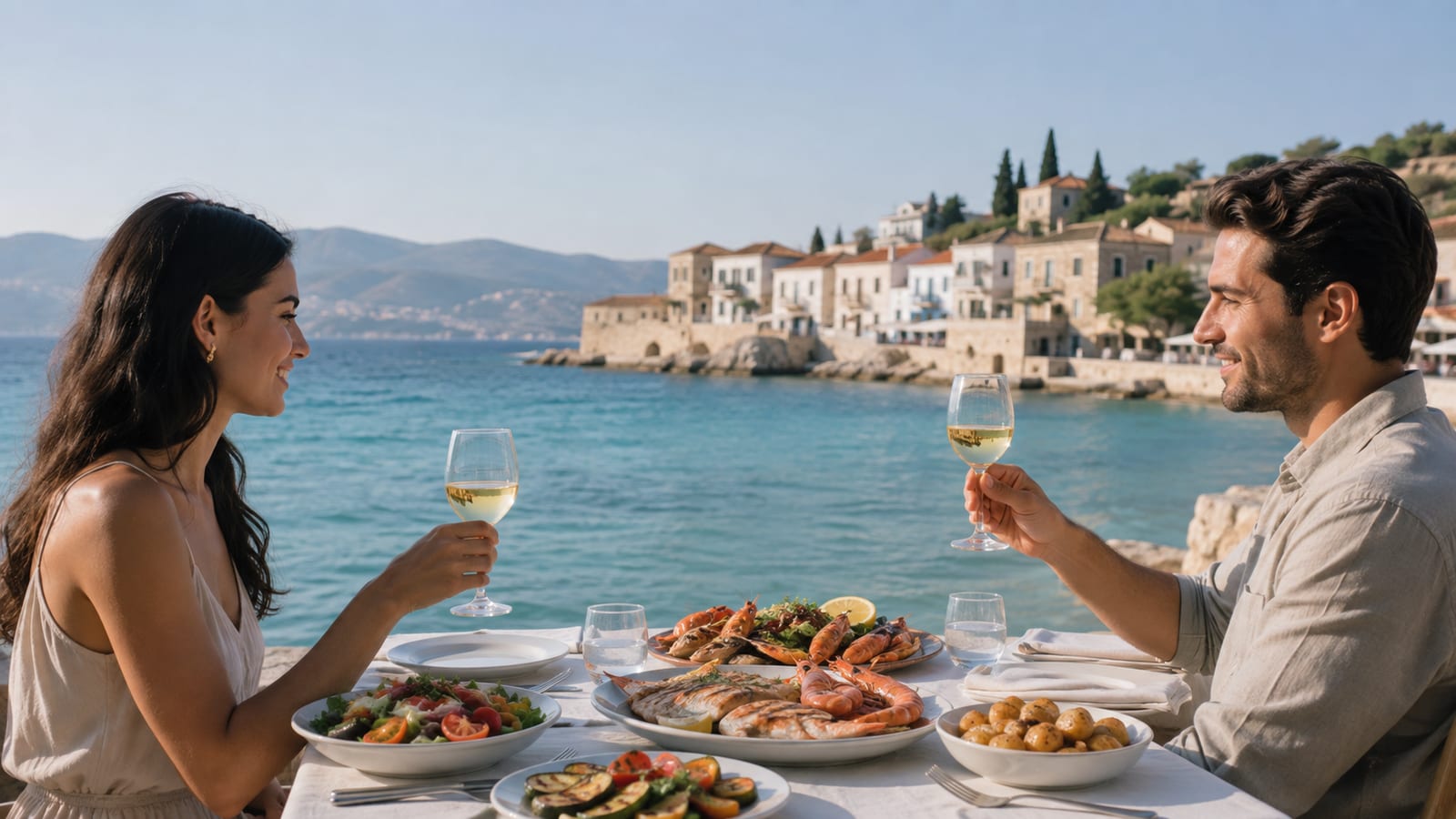 Outdoor Mediterranean seafood meal beside a sunny coastal promenade with relaxed diners in profile