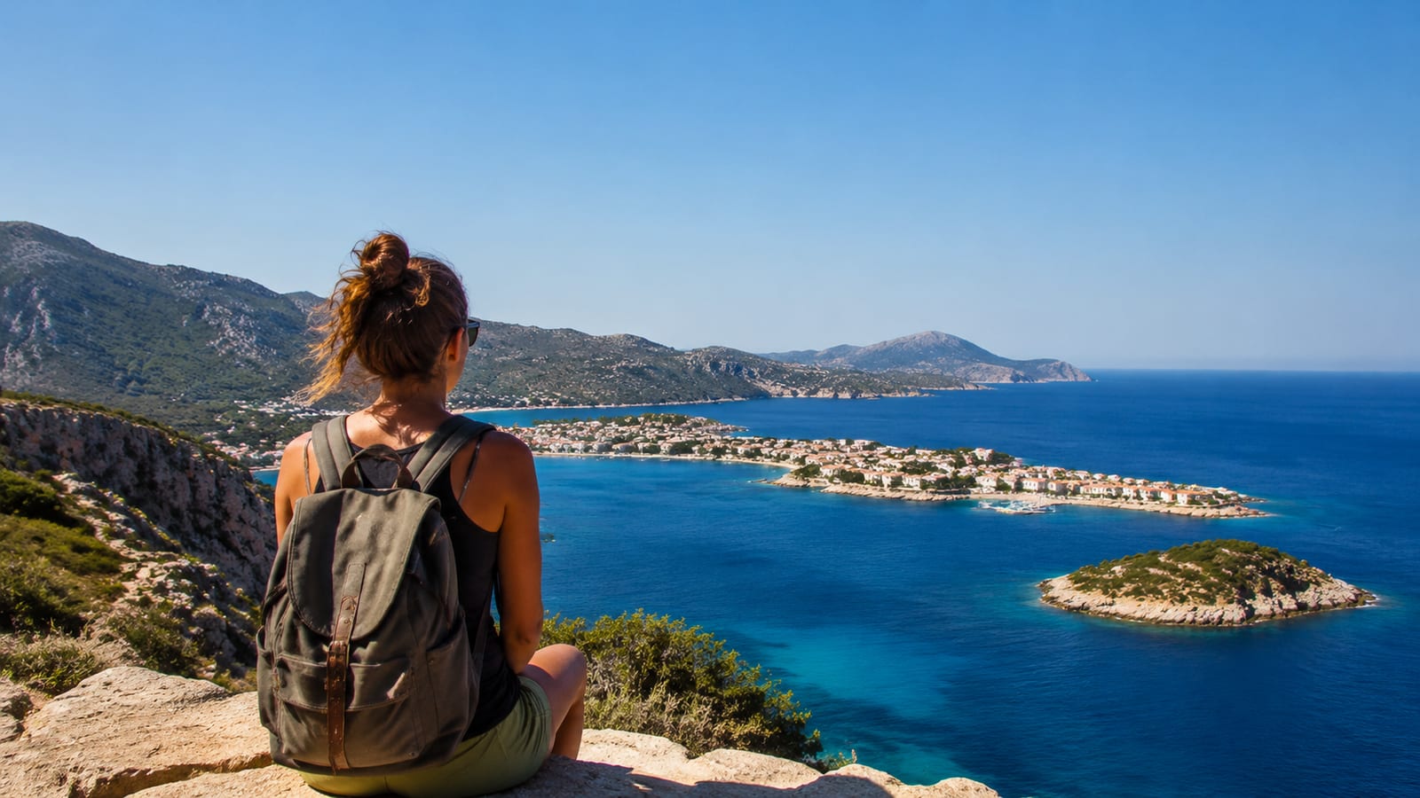 Solo traveler with daypack overlooking a sunlit Mediterranean island coastline from a rocky viewpoint