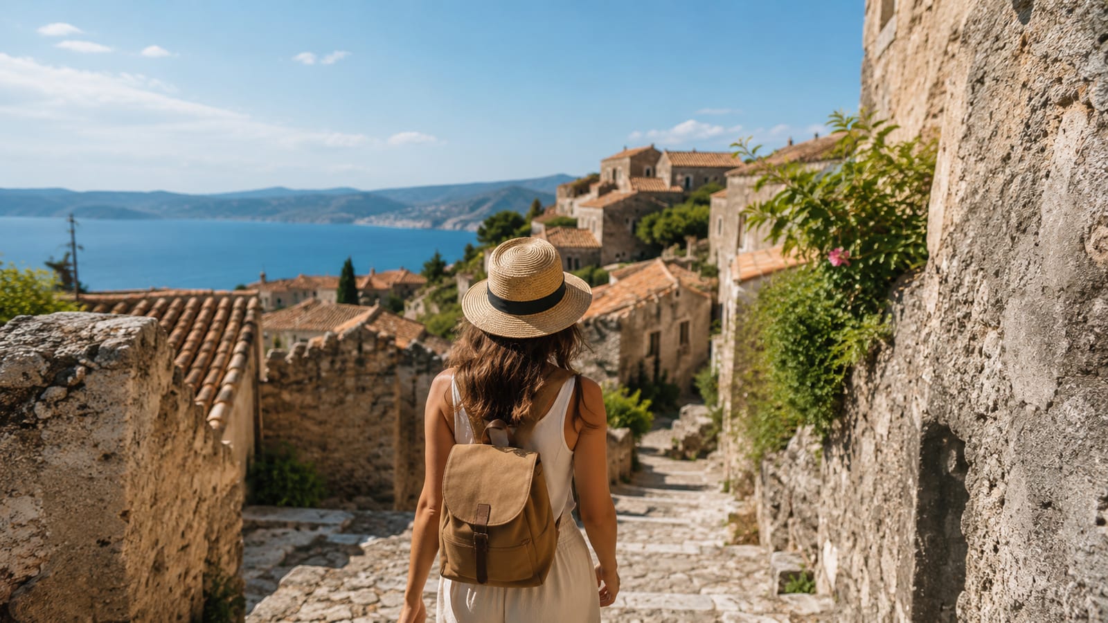 Solo traveler exploring atmospheric Mediterranean old-town streets with stone walls and steps
