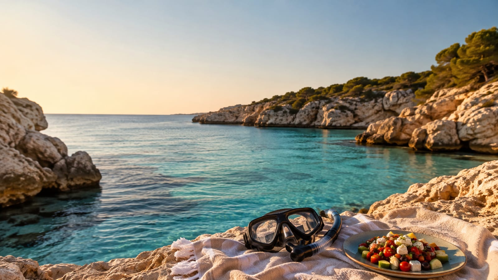 Quiet Mediterranean cove with swim gear, limestone rocks, turquoise water, and golden sunset