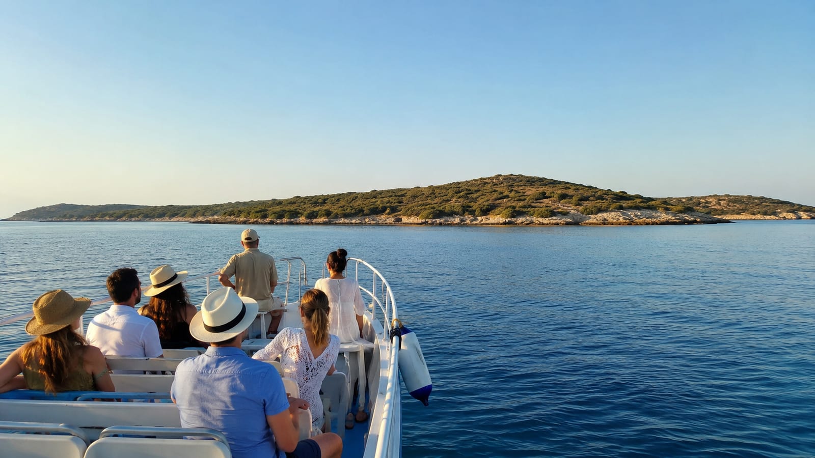 Small island boat carrying travelers across calm Mediterranean water beneath clear skies