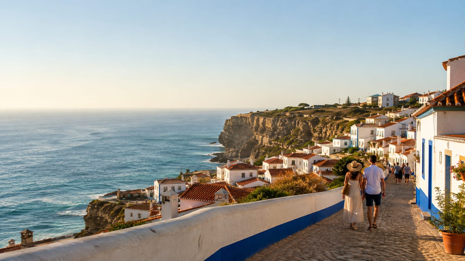 Sunlit Portuguese-style coastal village with travelers strolling beside Atlantic cliffs