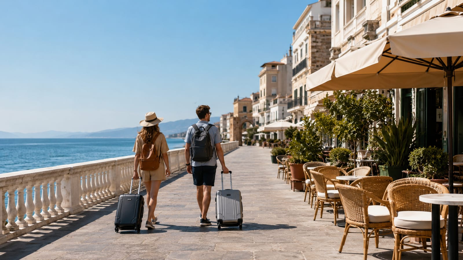 Quiet shoulder-season coastal promenade with light luggage and uncrowded outdoor cafés