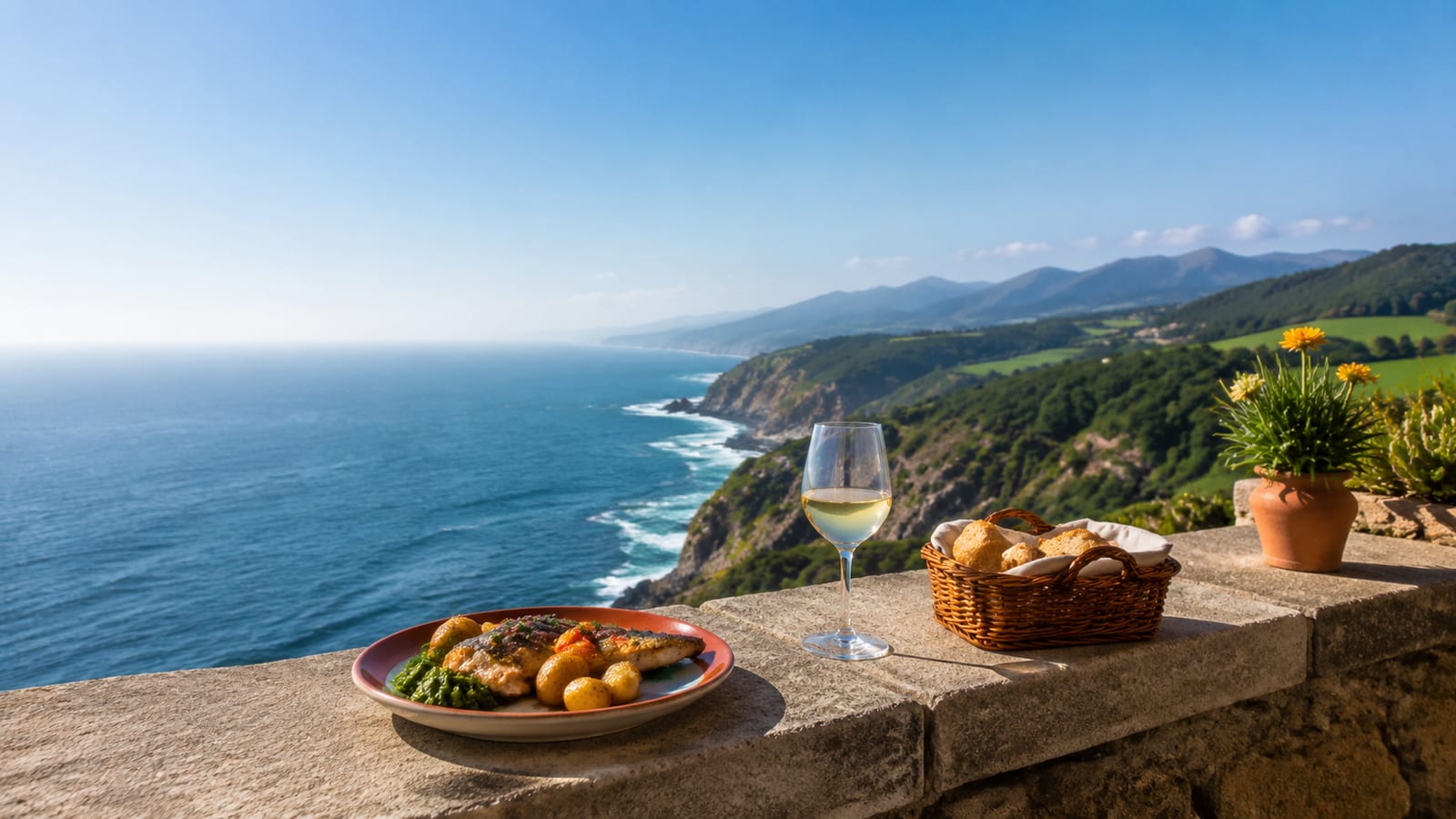 Contrasting sunny coast and misty inland hills beneath changing seasonal skies