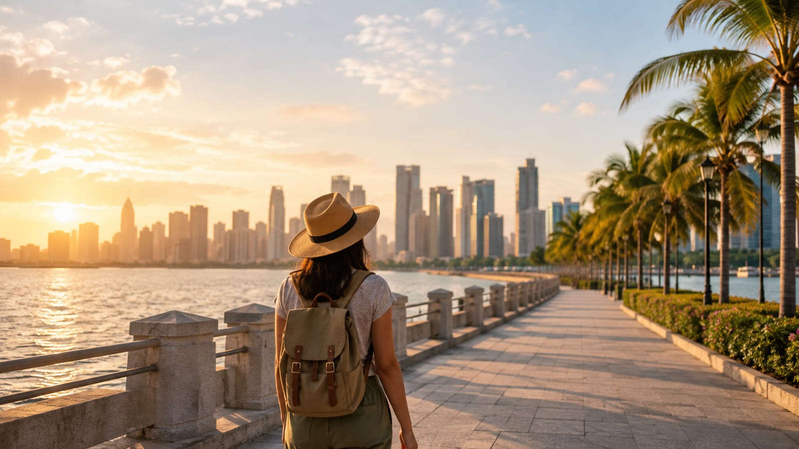 Solo traveler exploring a tropical waterfront promenade at golden hour, backpack visible, skyline softly blurred