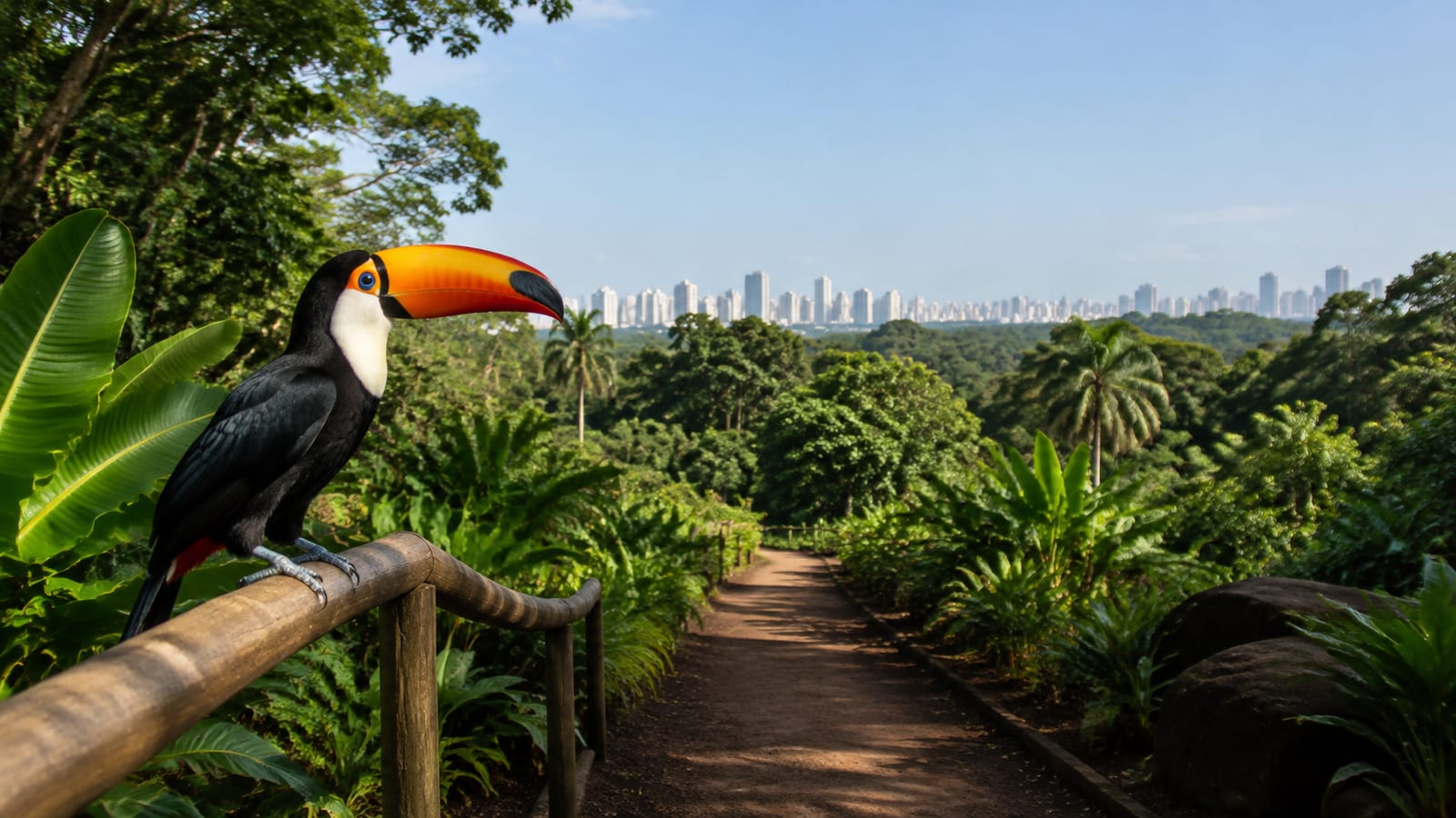 Wild toucan perched beside a lush urban rainforest trail, with a distant city skyline