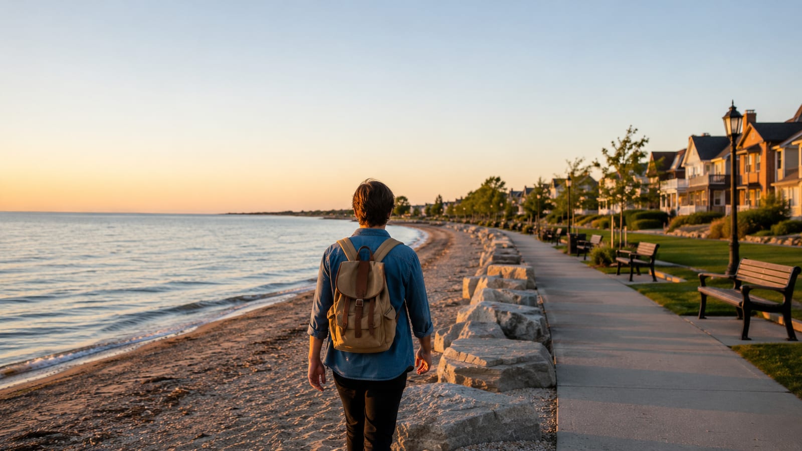 Solo traveler walking a northern lakeshore near a charming waterfront town at golden hour