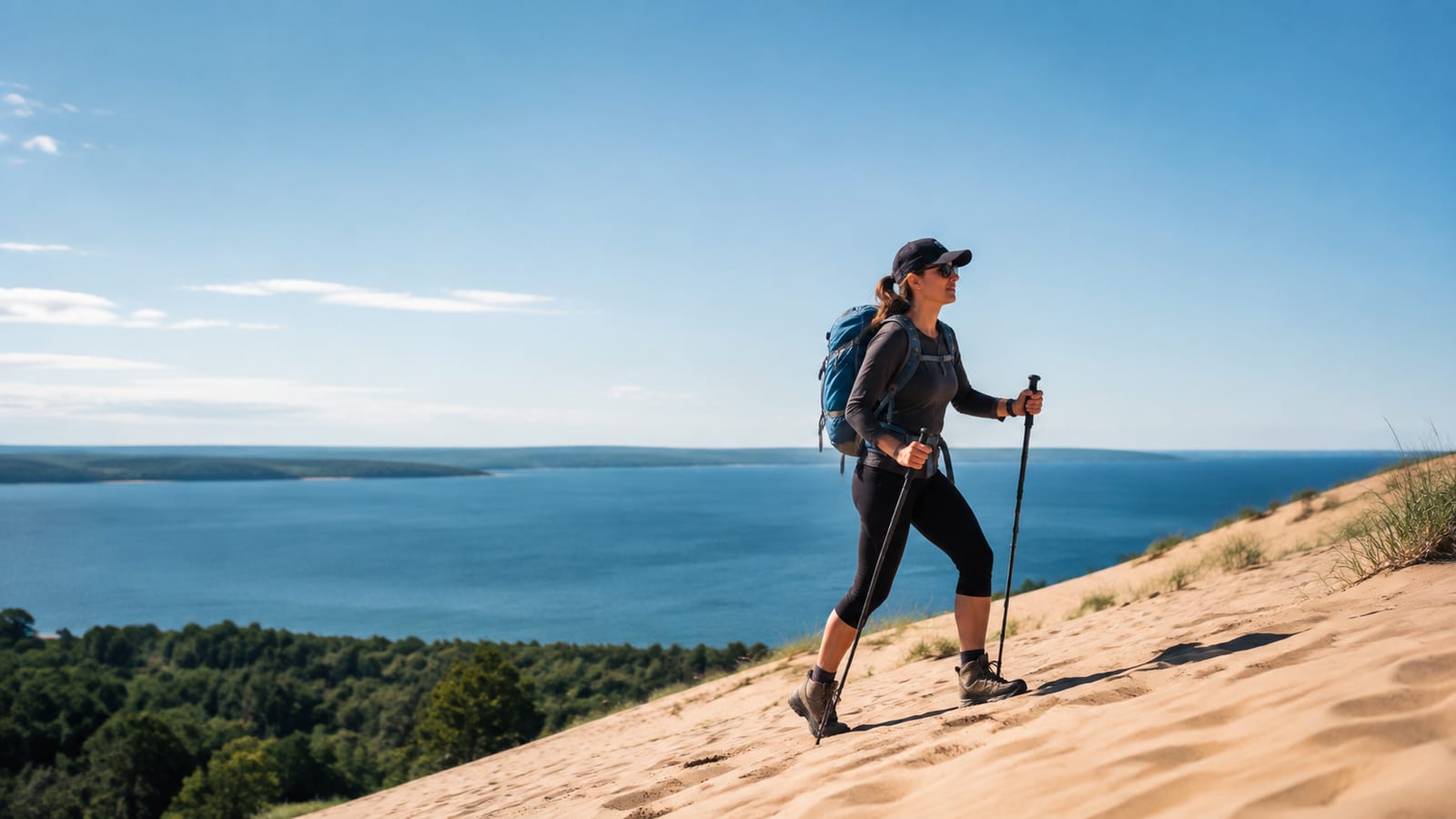 Traveler climbing a broad sandy dune with walking poles, water visible beyond, under clear sky