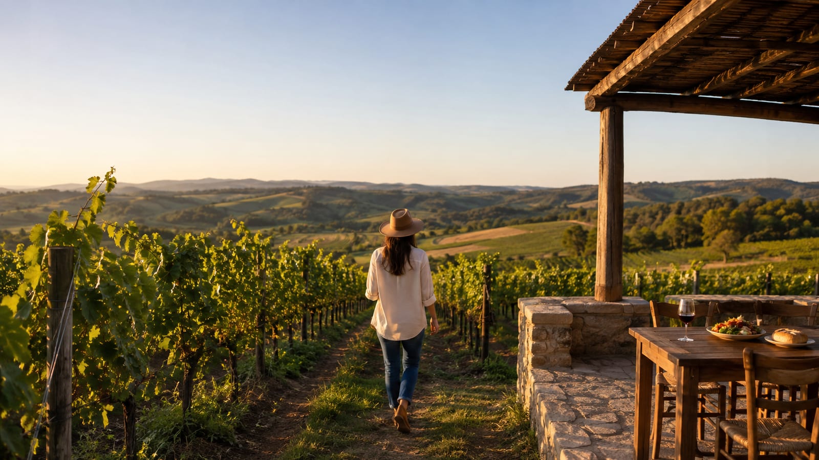 Traveler strolling between green vineyard rows beside a rustic tasting patio in warm afternoon light