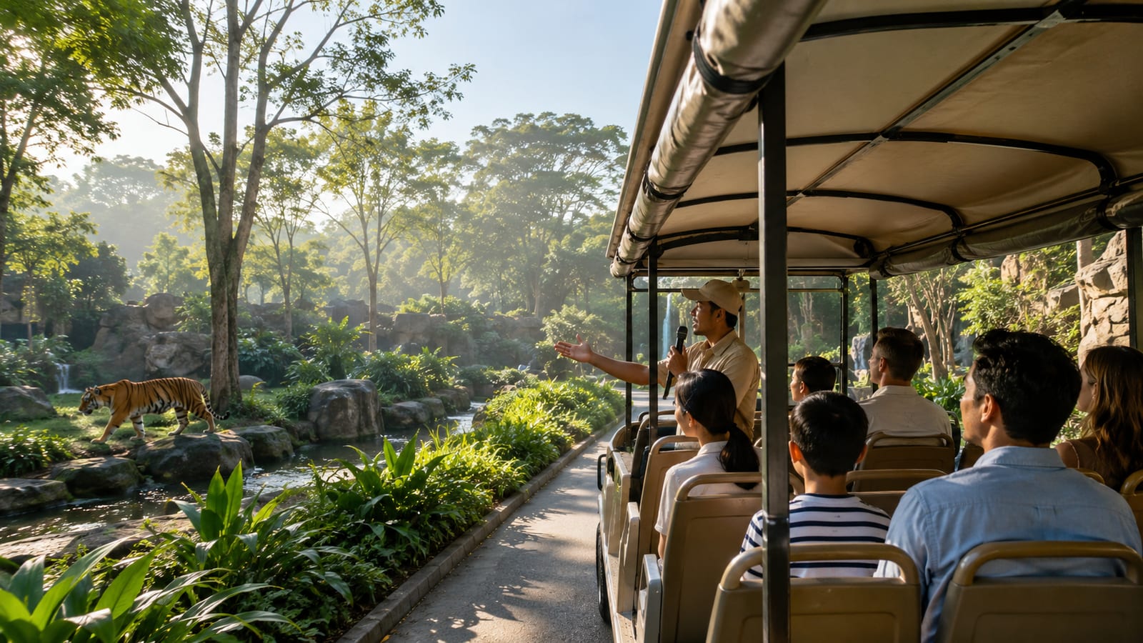 Open-air zoo tour bus carrying visitors past leafy animal habitats