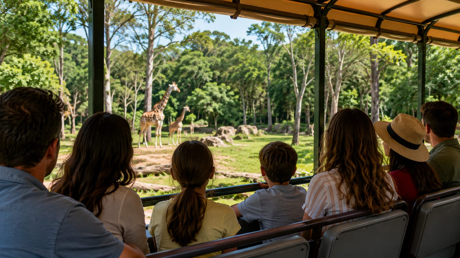 Visitors on open zoo tram looking toward wooded animal habitat