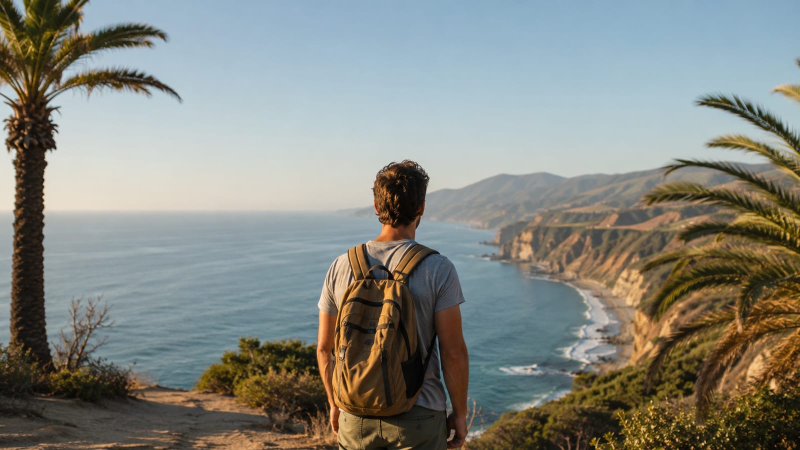 Solo backpacker gazing over Pacific horizon from palm-lined coastal bluff