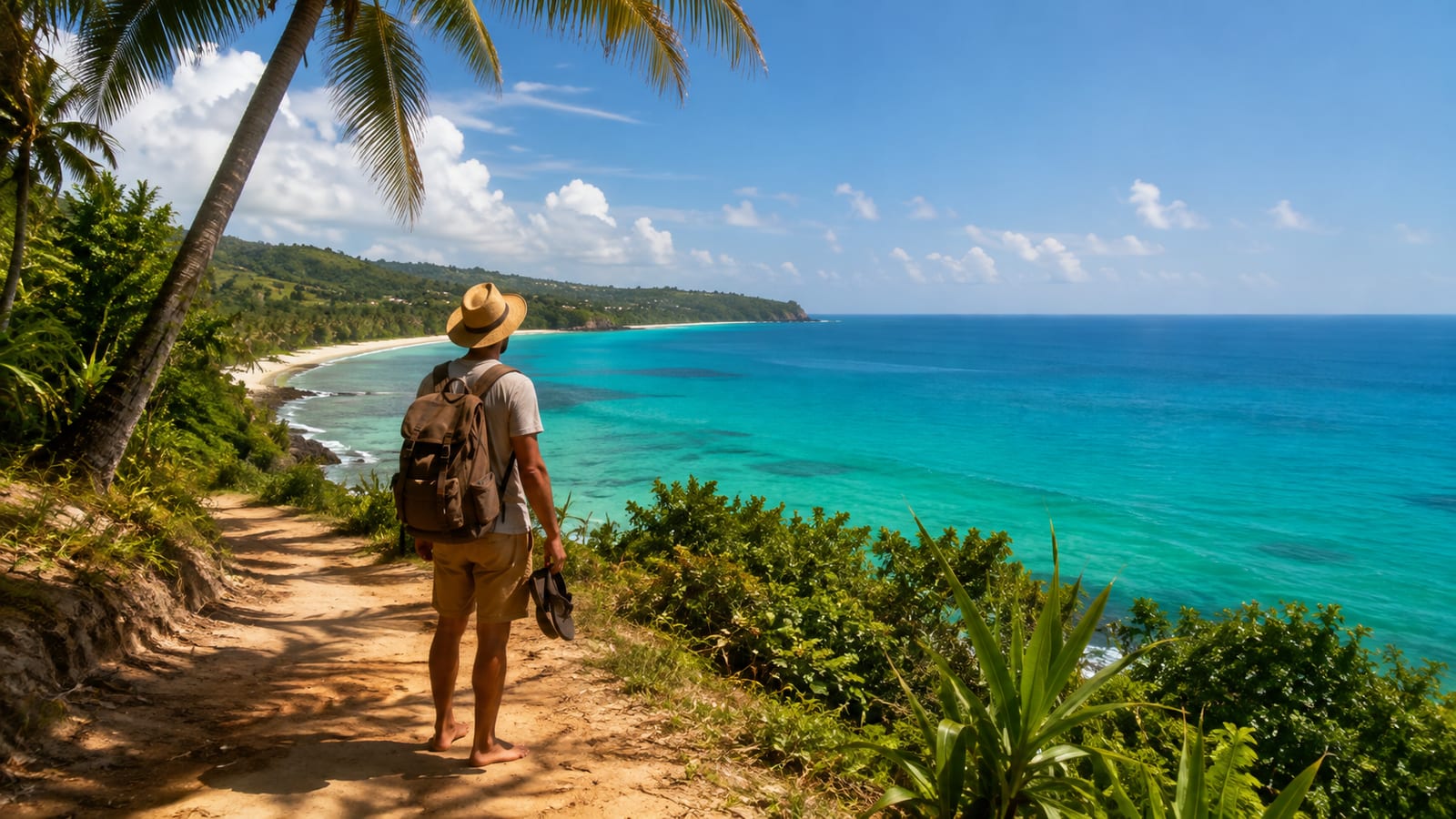 Solo traveler overlooking a turquoise Caribbean beach, backpack and sandals beside a palm-shaded path