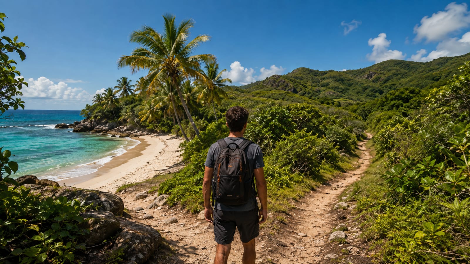 Solo traveler choosing between a quiet beach walk and lush inland trail