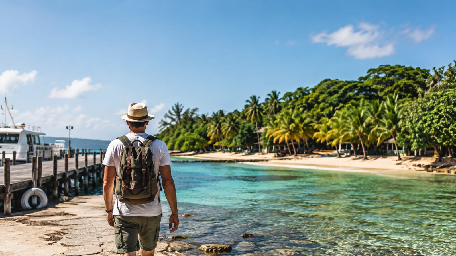 Traveler walking from a small tropical harbor toward a nearby beach without driving