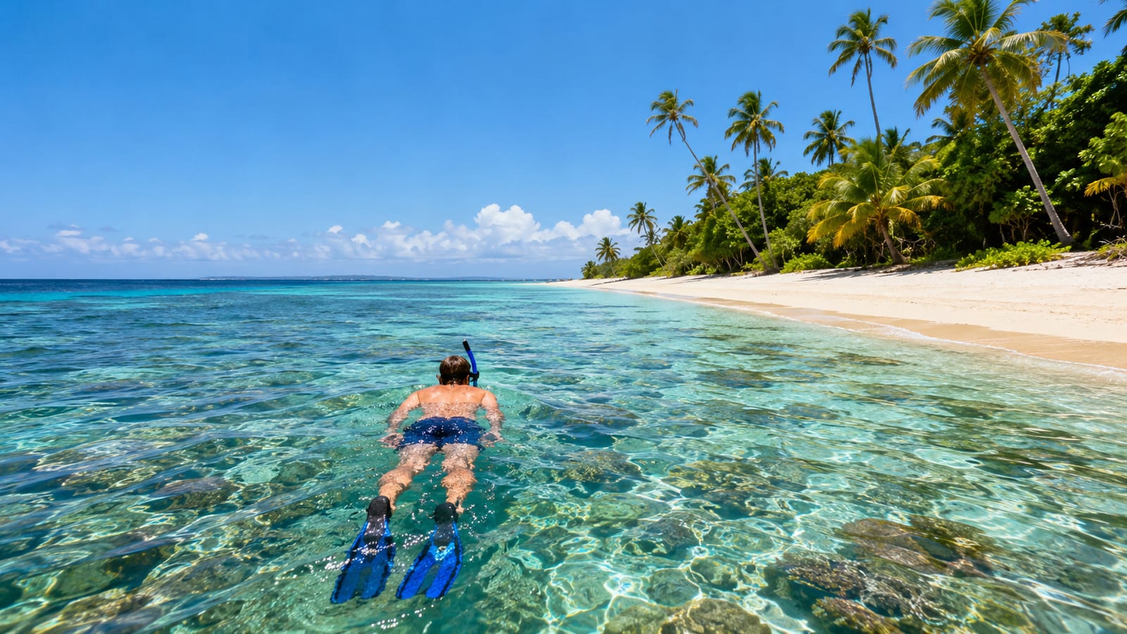 Traveler snorkeling above clear shallow reef beside a quiet sandy tropical beach