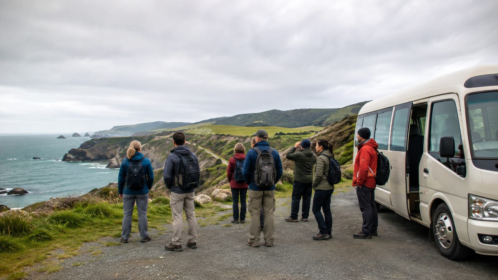Small-group New Zealand tour van beside rugged coastline with travelers wearing daypacks