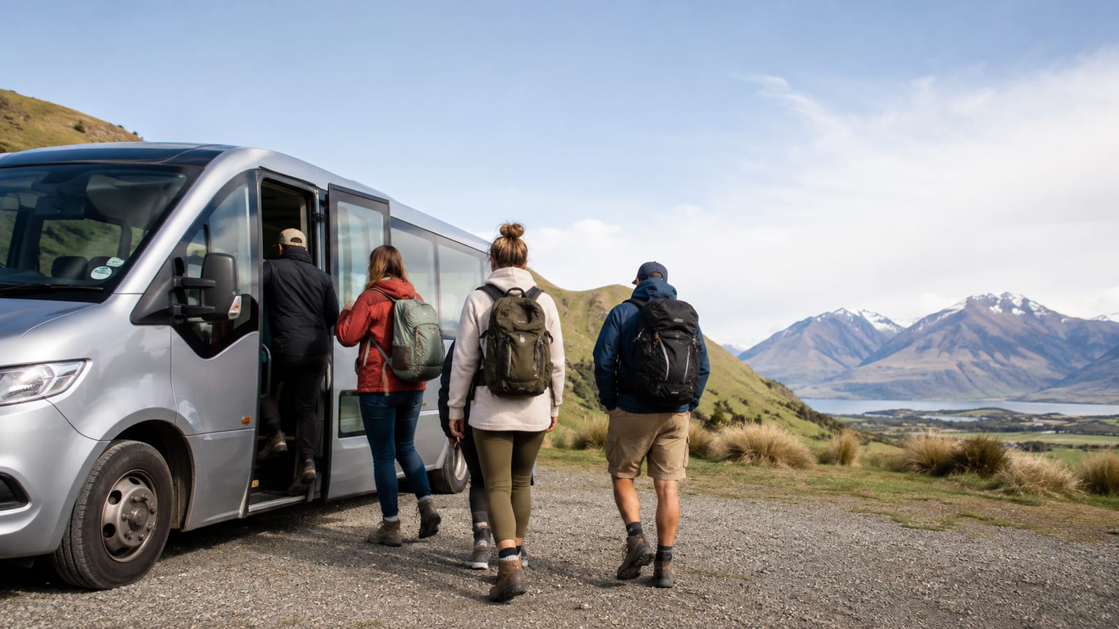 Small-group tour travelers boarding a minibus beside dramatic green hills