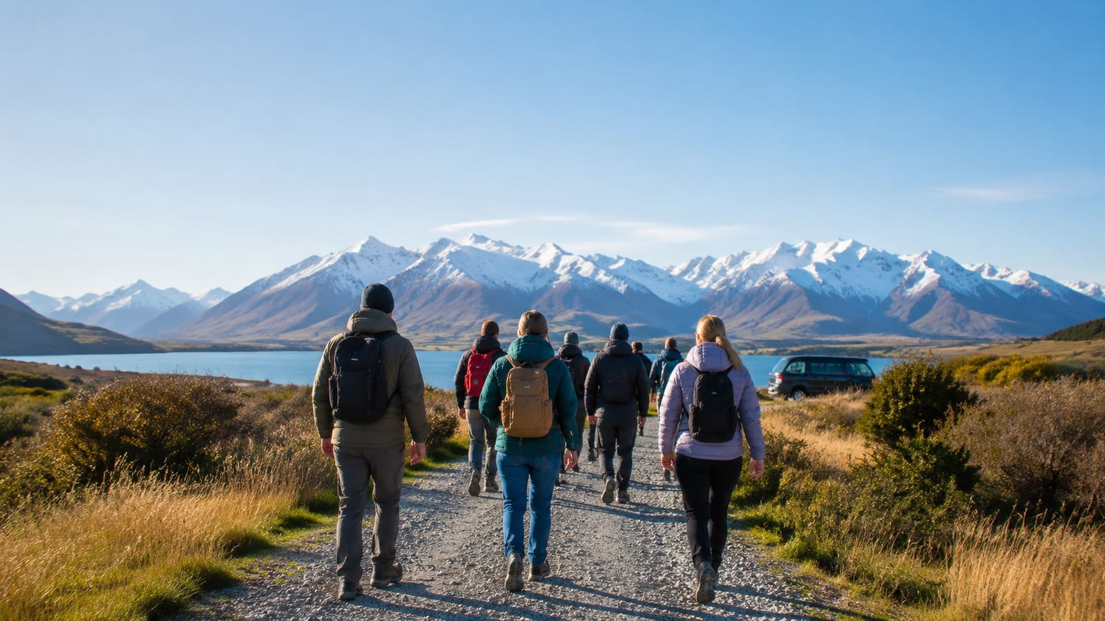 Guided tour travelers walking toward alpine scenery with layered clothing and daypacks