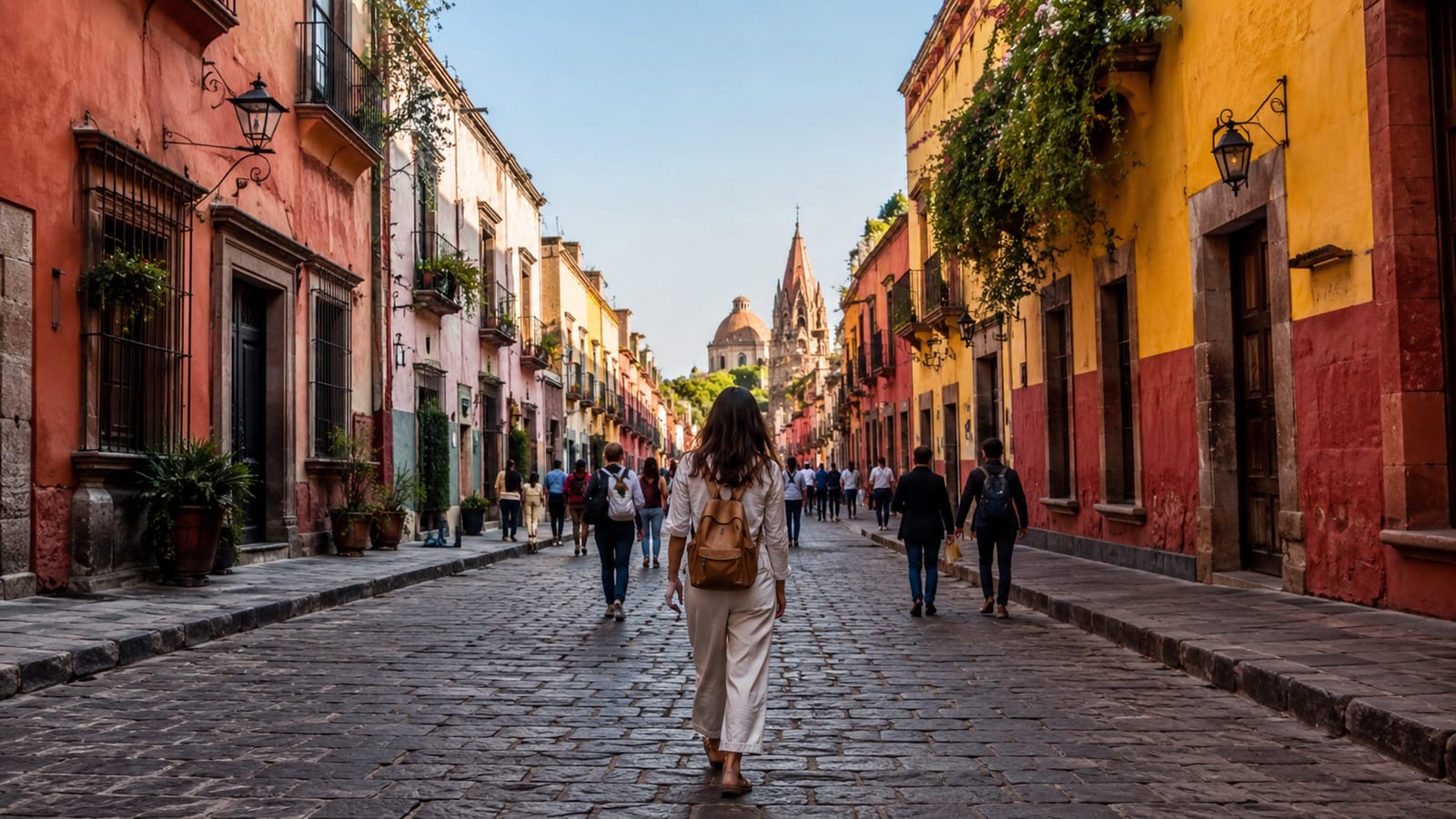 Solo traveler exploring a charming historic North American city street at golden hour