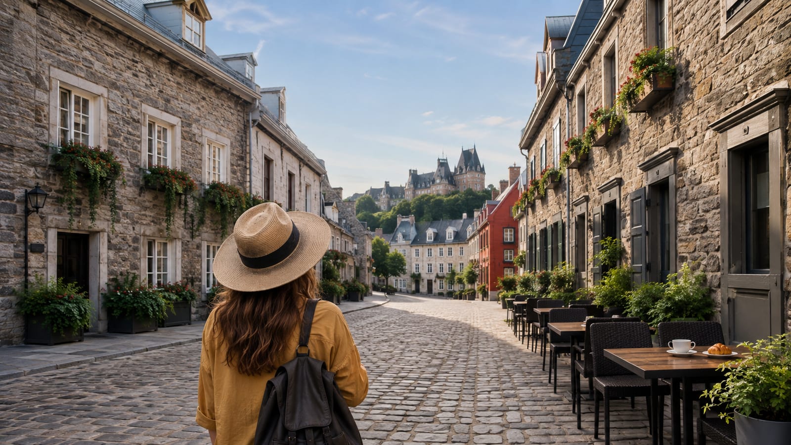 Traveler walking along a picturesque historic district street beneath autumn trees