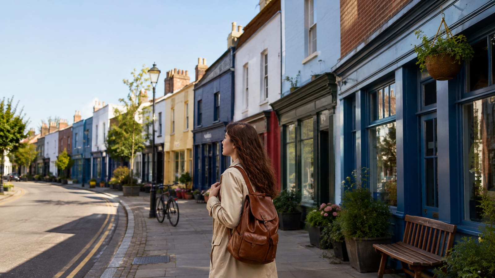 Solo traveler discovering a lively residential neighborhood with cafés and colorful row houses