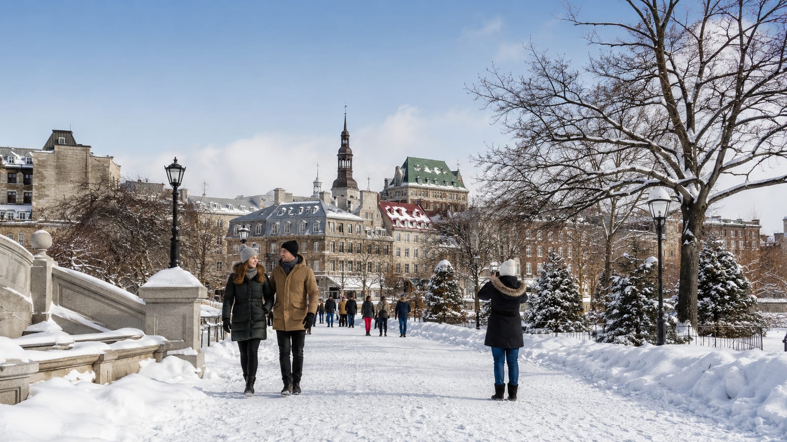 Snowy city park with bundled visitors enjoying a peaceful winter afternoon