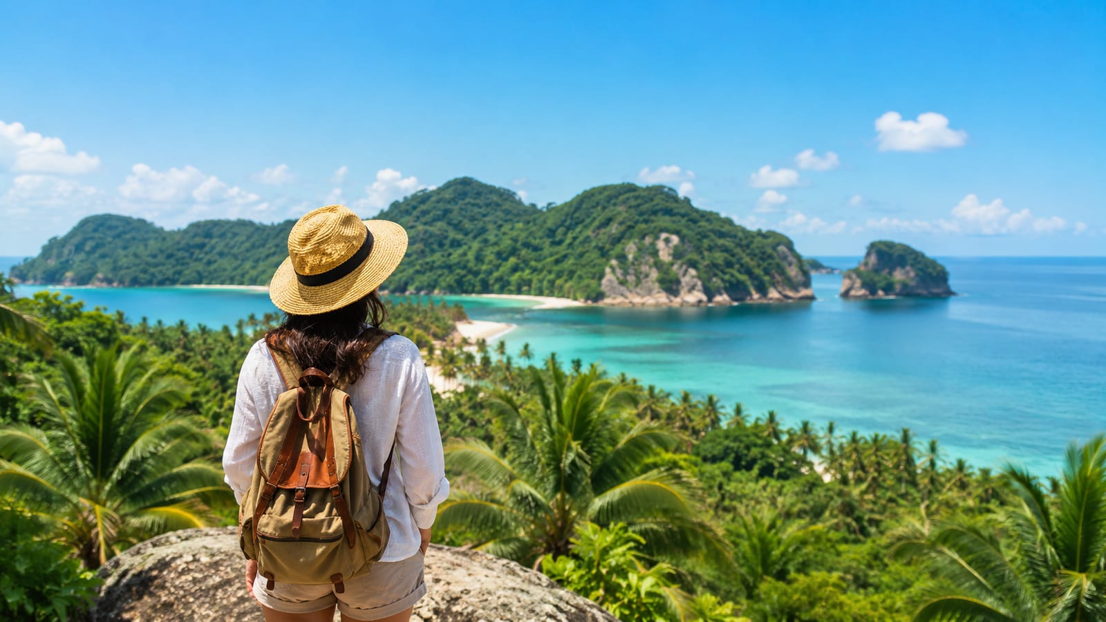 Solo traveler beside tropical coastline with lightweight luggage under bright seasonal sunshine