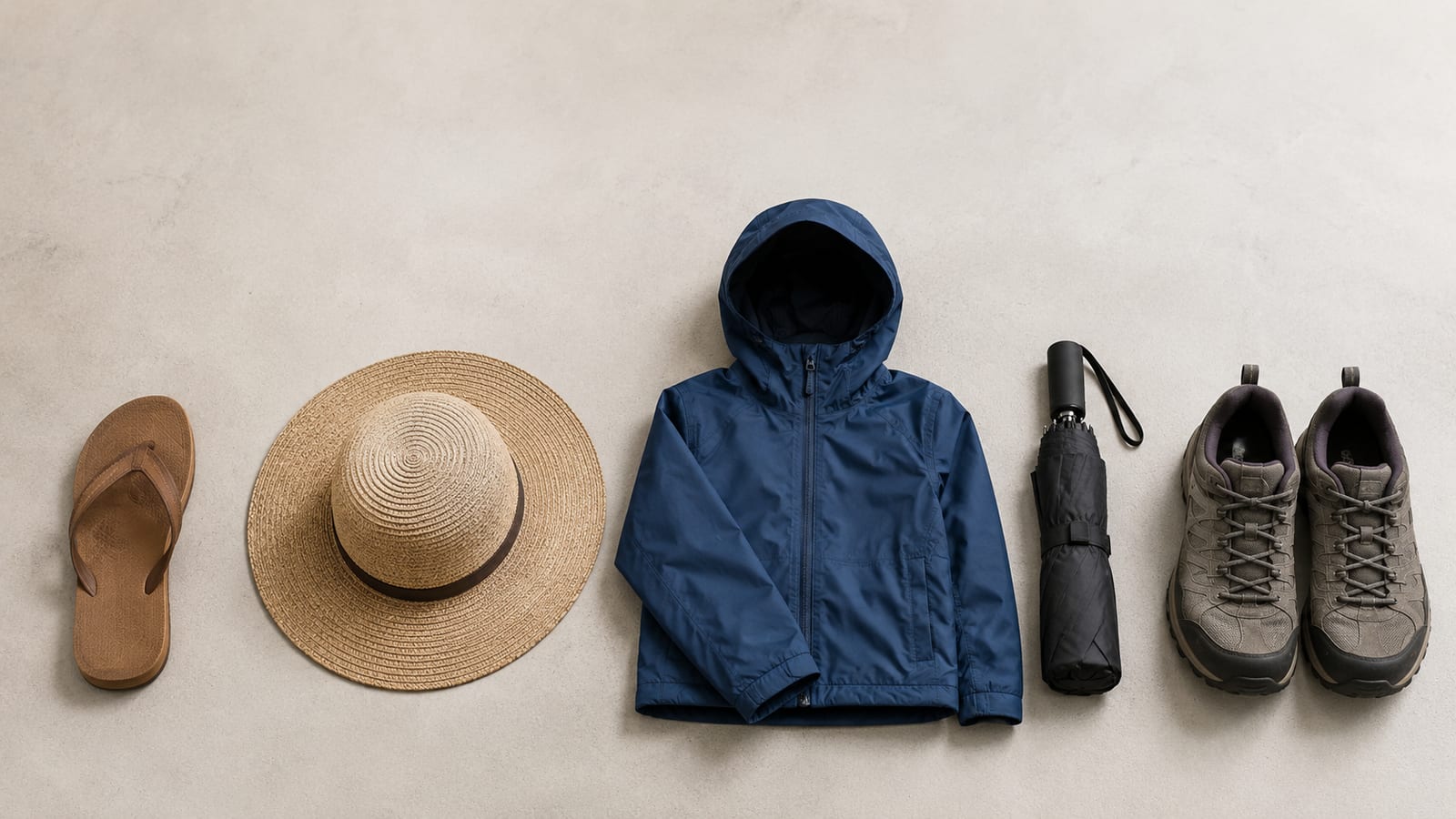Tropical travel gear arranged between sunny beach clothing and rainy mountain layers