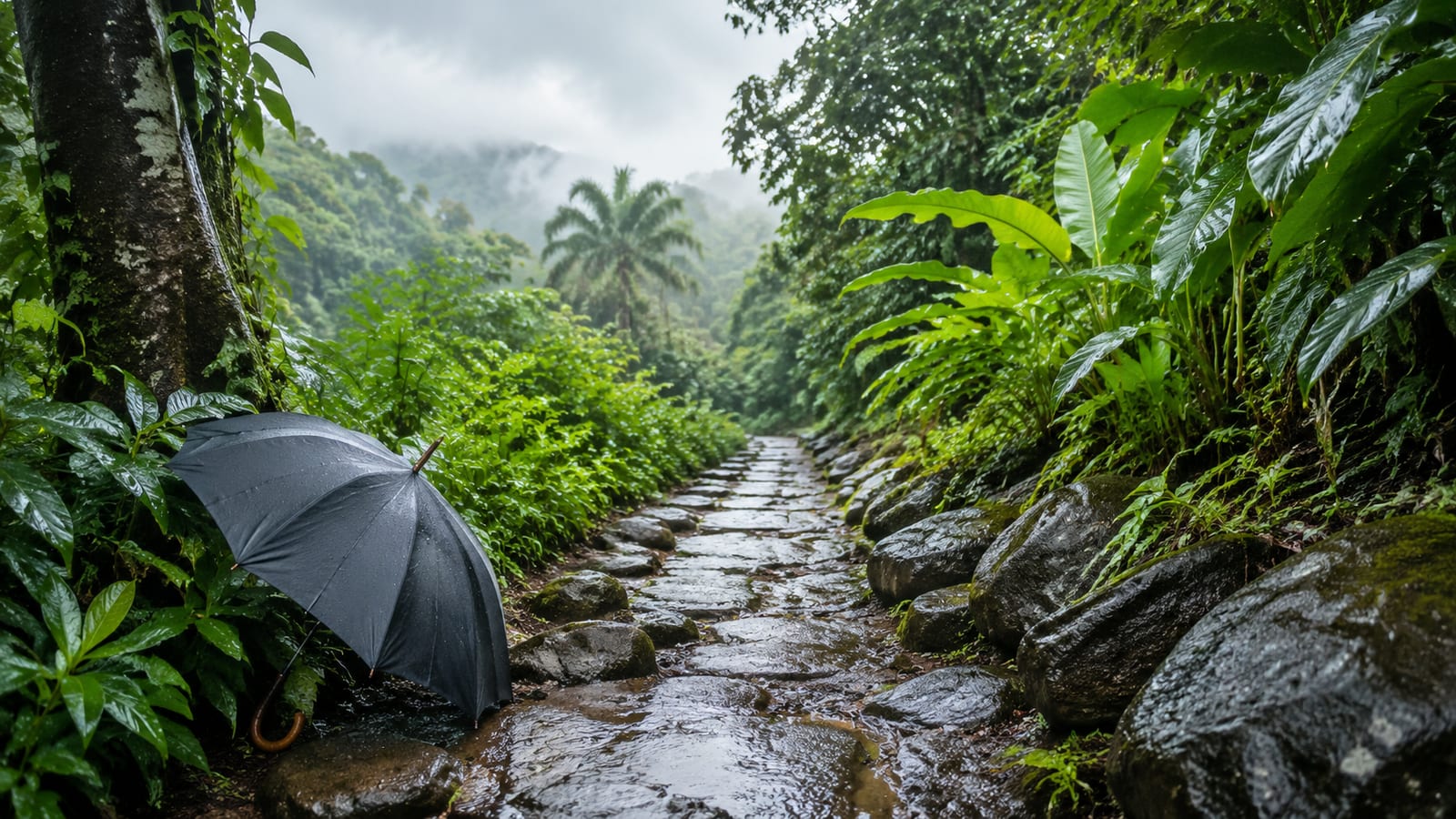 Rainy tropical path with lush foliage, puddles, umbrella, and misty atmospheric light