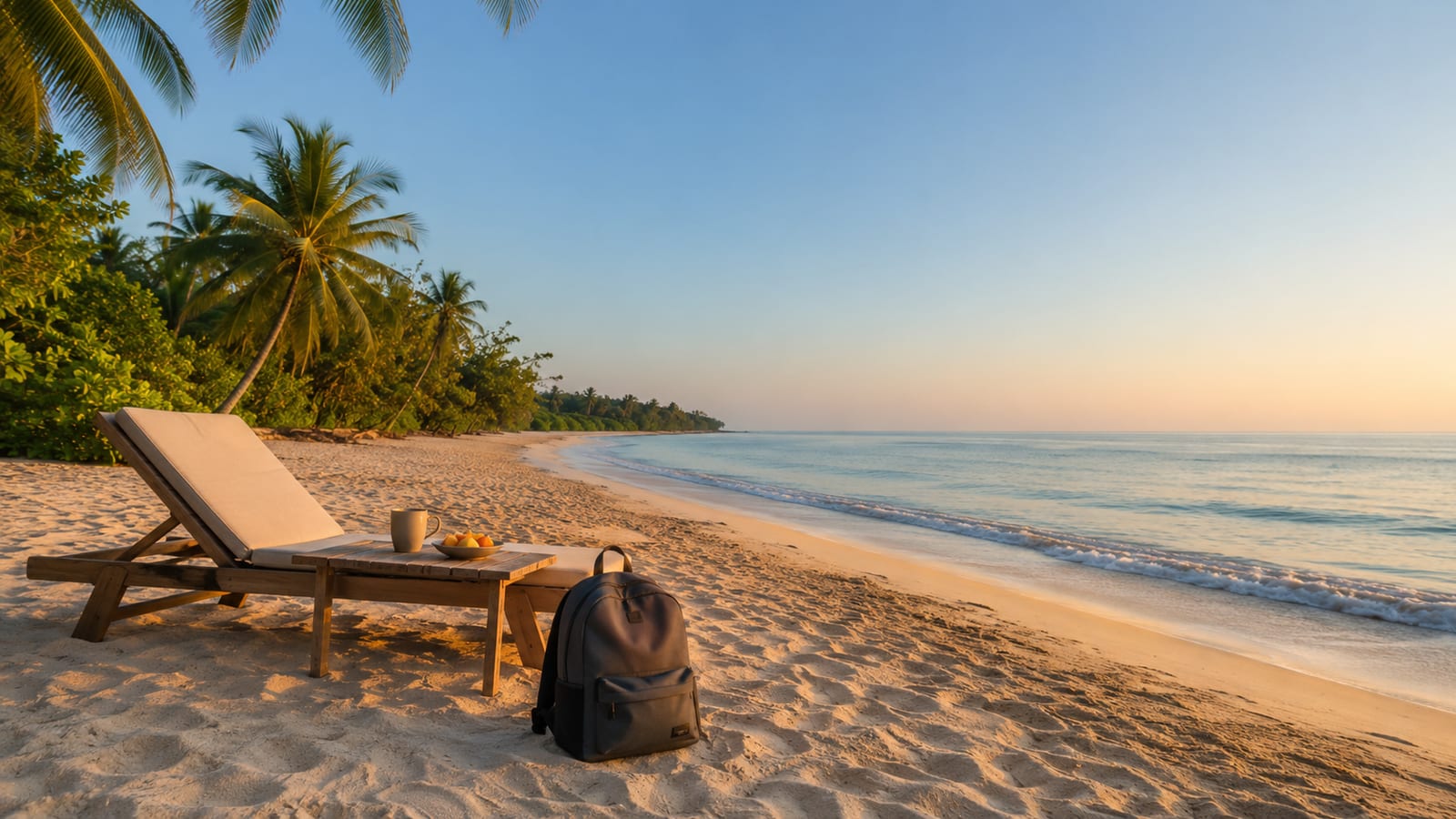 Quiet tropical beach access with empty loungers, early morning light, and travel backpack