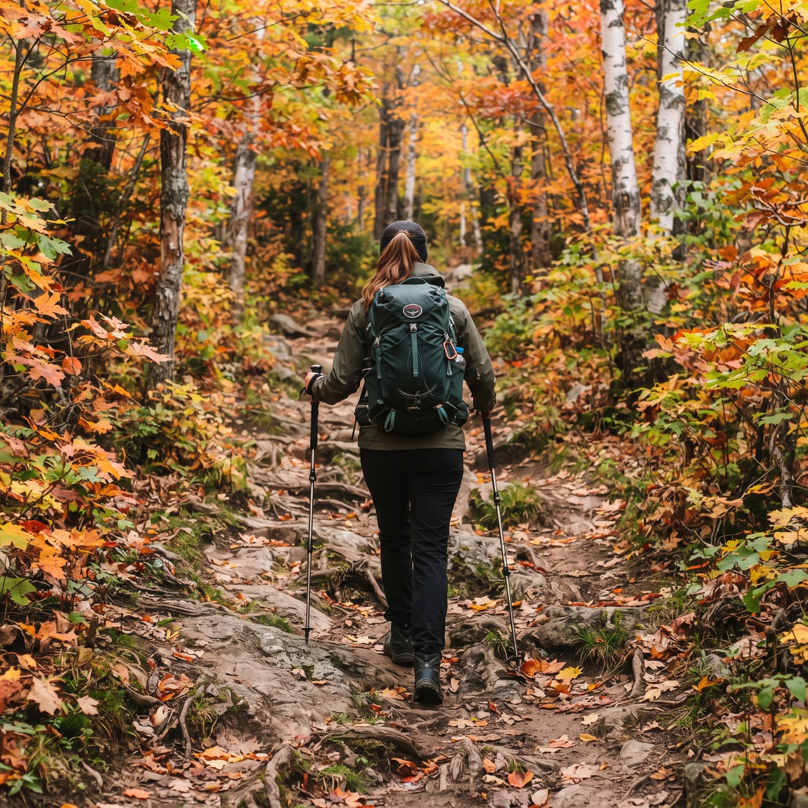 Hiker follows a wooded mountain trail beside exposed rocks and golden foliage