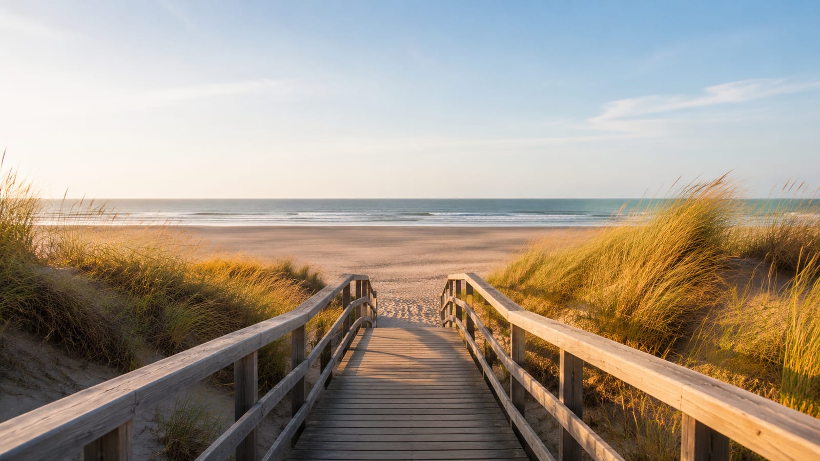 Empty boardwalk crosses a quiet Atlantic beach beside dunes and wind-bent grasses