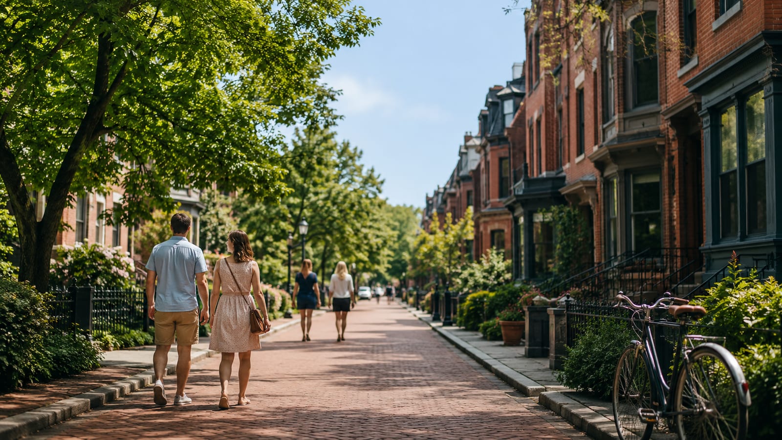 Walkers pass restored brick facades and leafy sidewalks in a compact Virginia city
