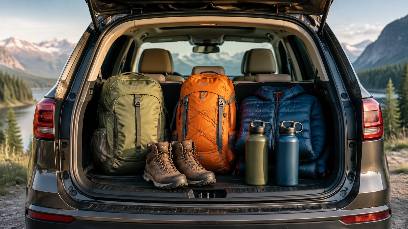 Open car trunk holds neatly arranged daypacks, hiking boots, and reusable water bottles