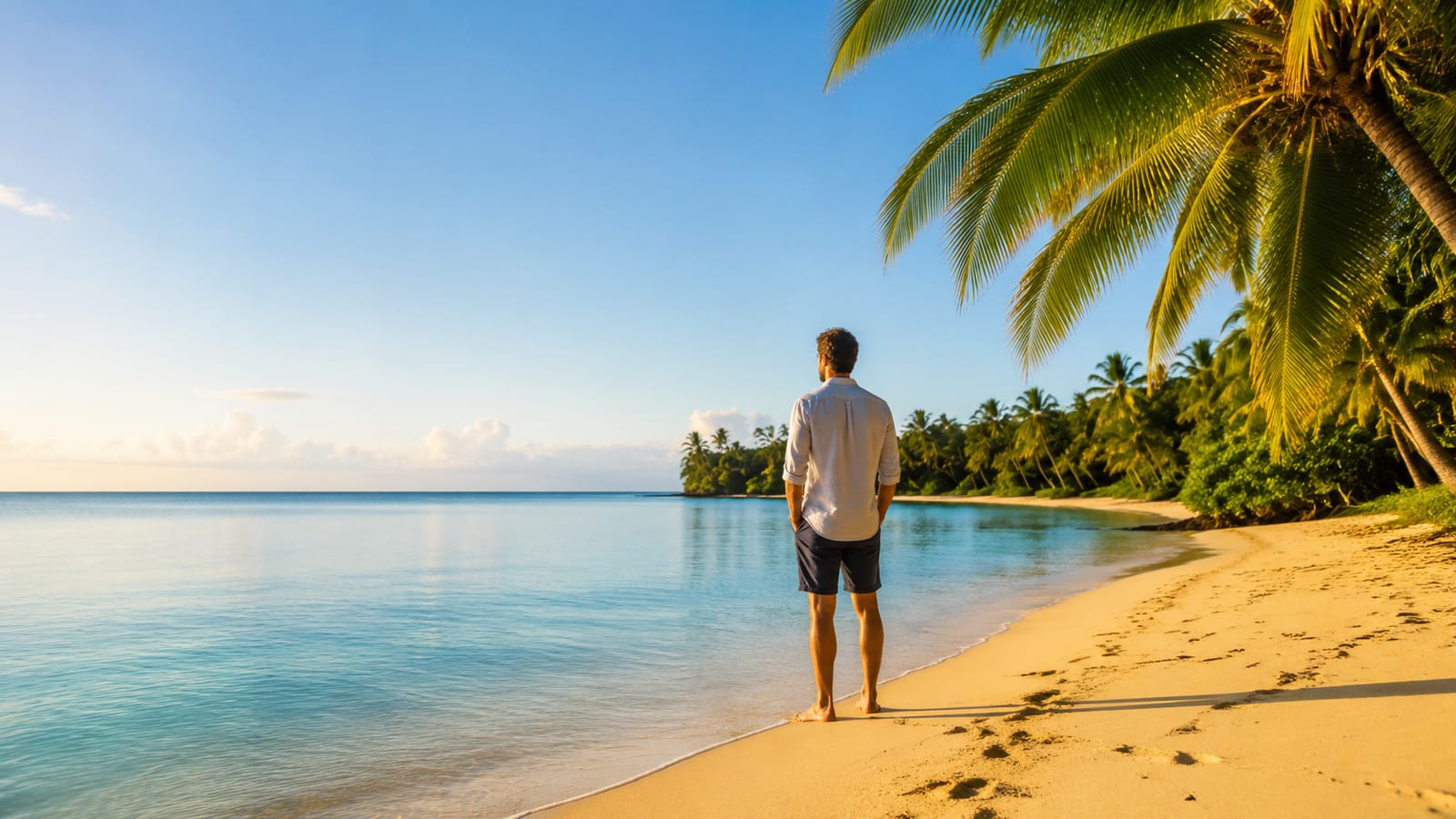 Solo traveler on golden tropical beach facing turquoise ocean waters