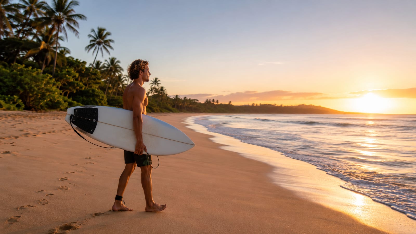 Surfer walking barefoot toward gentle waves on sandy beach