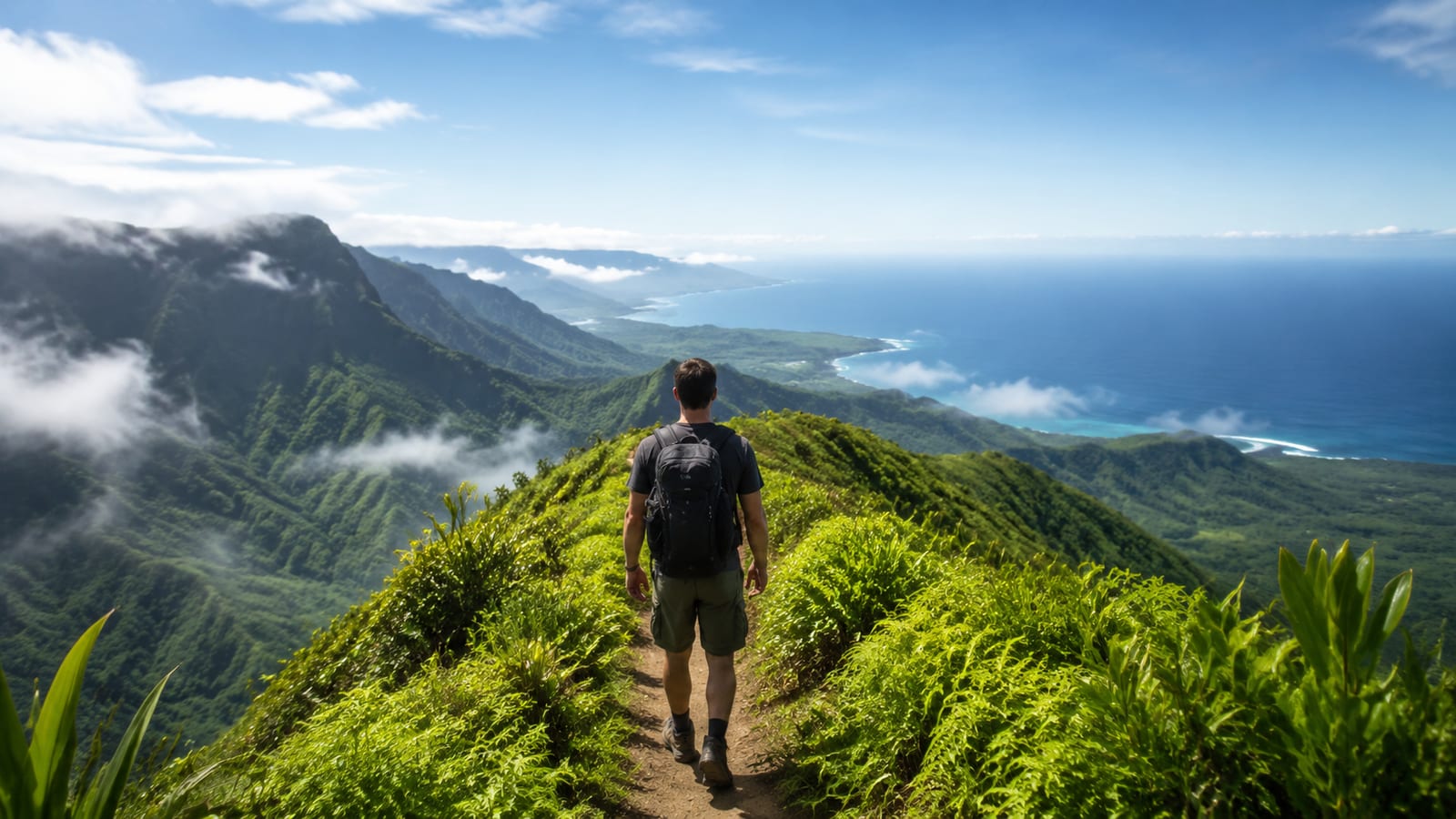 Hiker overlooking misty green tropical valleys from mountain trail