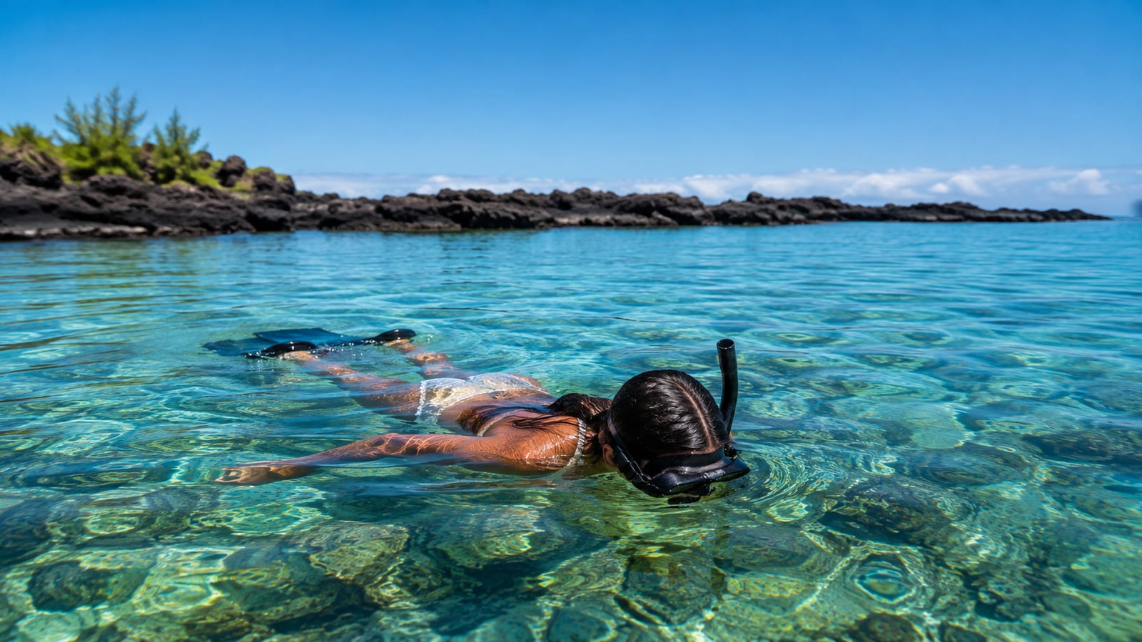 Snorkeler floating above rocky reef in clear turquoise water
